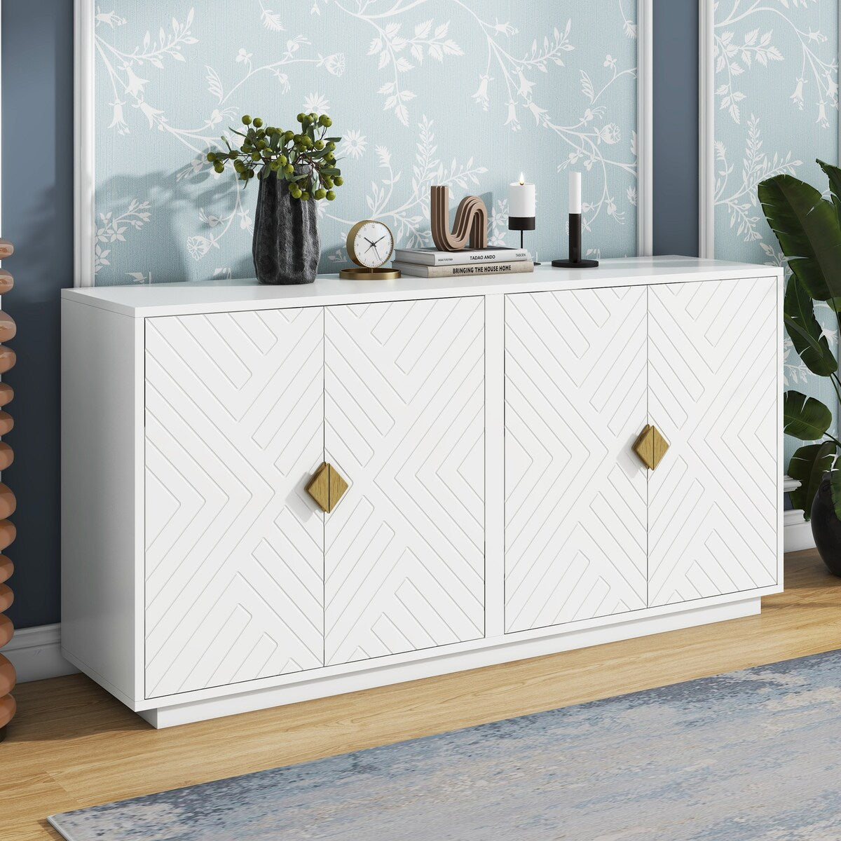 Large Storage Cabinet Sideboard Buffet Cabinet with Wooden Triangular Handles and Adjustable Shelves for Living Dining Room
