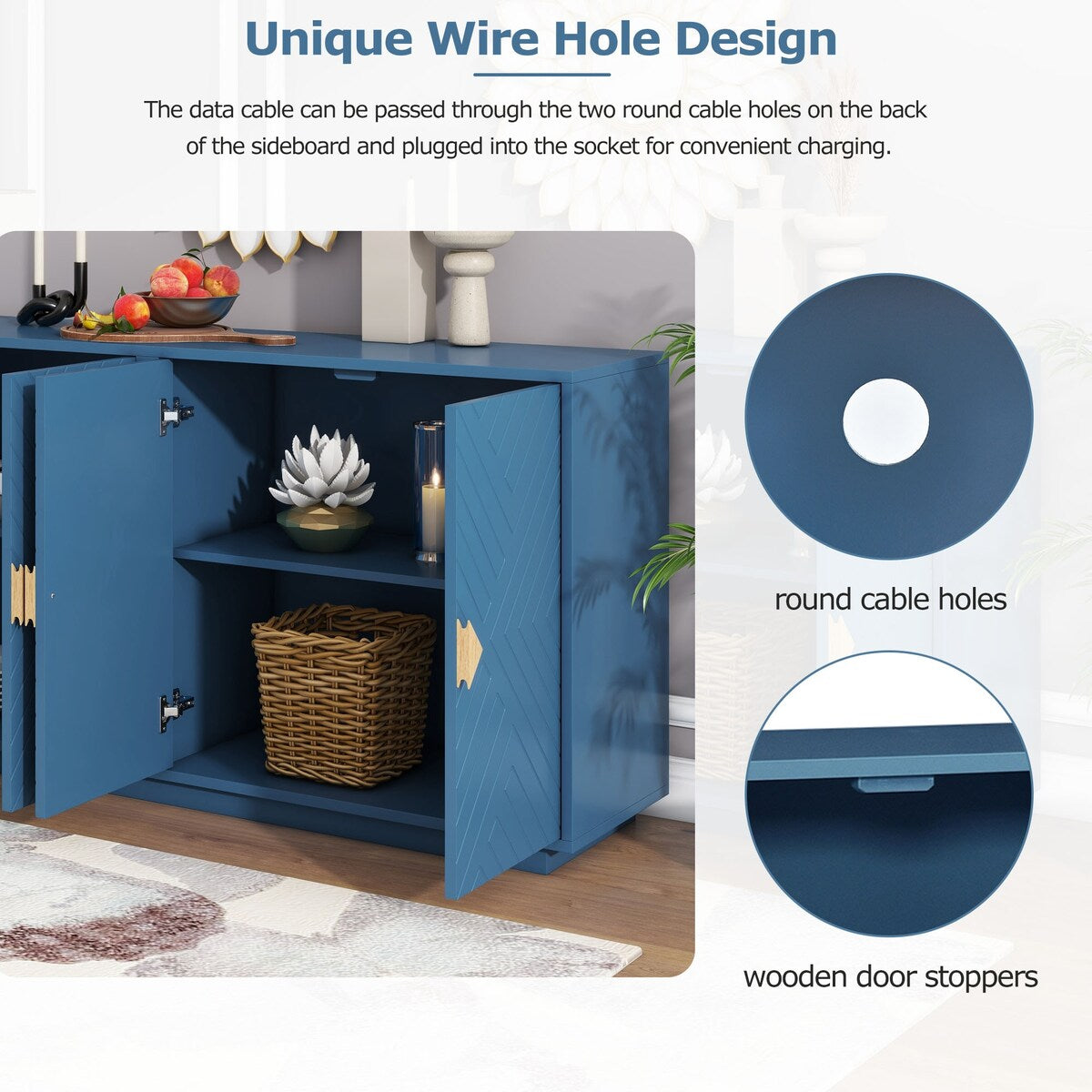 Large Storage Cabinet Sideboard Buffet Cabinet with Wooden Triangular Handles and Adjustable Shelves for Living Dining Room