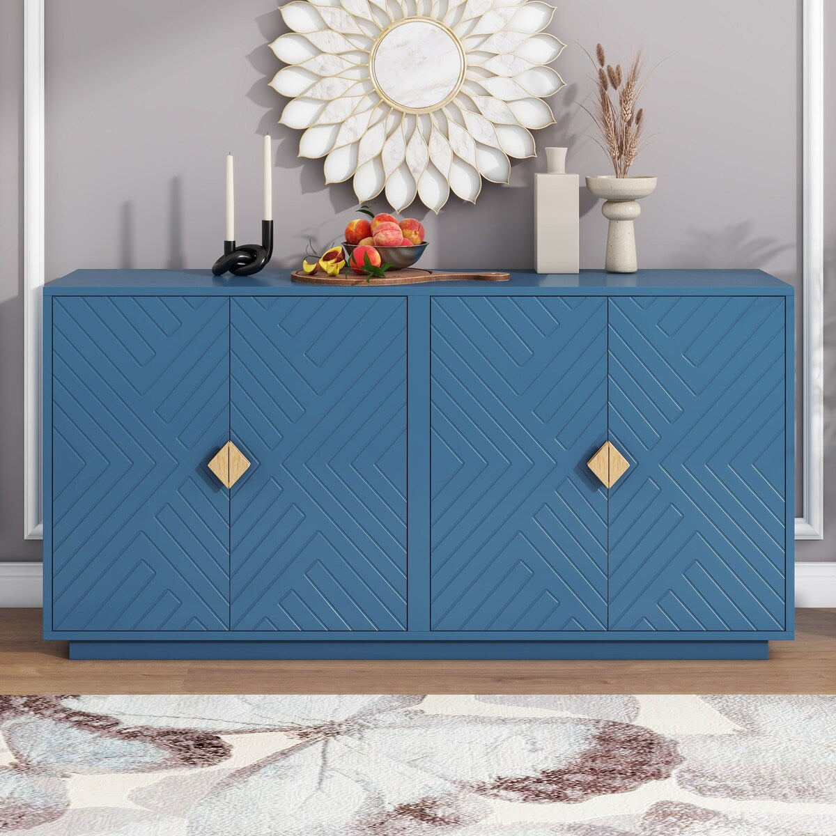 Large Storage Cabinet Sideboard Buffet Cabinet with Wooden Triangular Handles and Adjustable Shelves for Living Dining Room