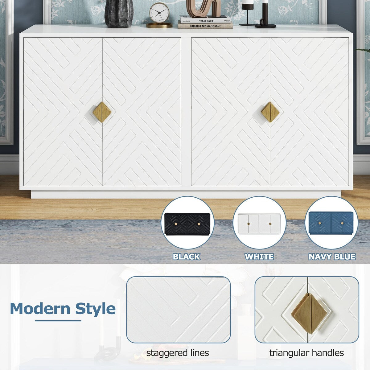 Large Storage Cabinet Sideboard Buffet Cabinet with Wooden Triangular Handles and Adjustable Shelves for Living Dining Room