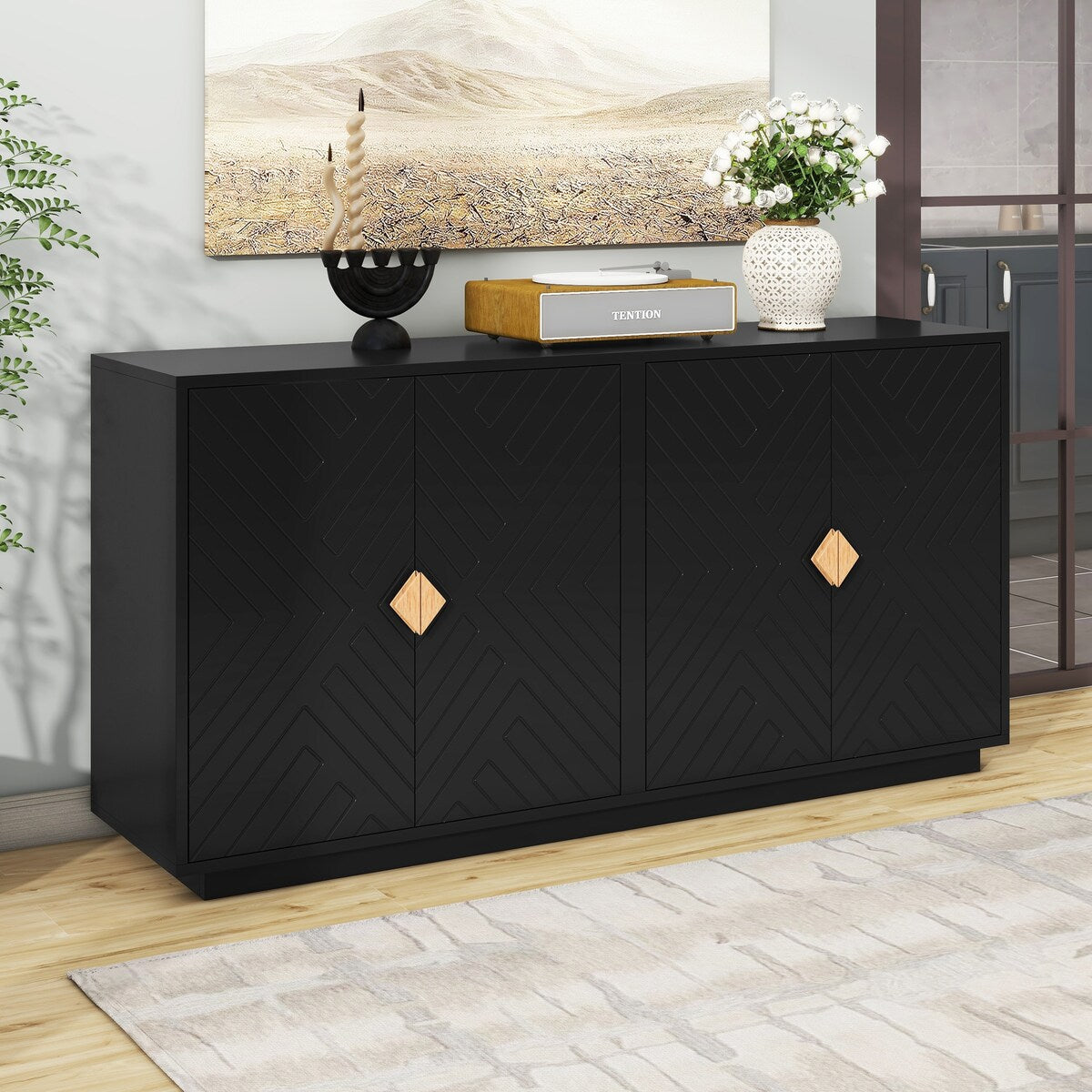 Large Storage Cabinet Sideboard Buffet Cabinet with Wooden Triangular Handles and Adjustable Shelves for Living Dining Room