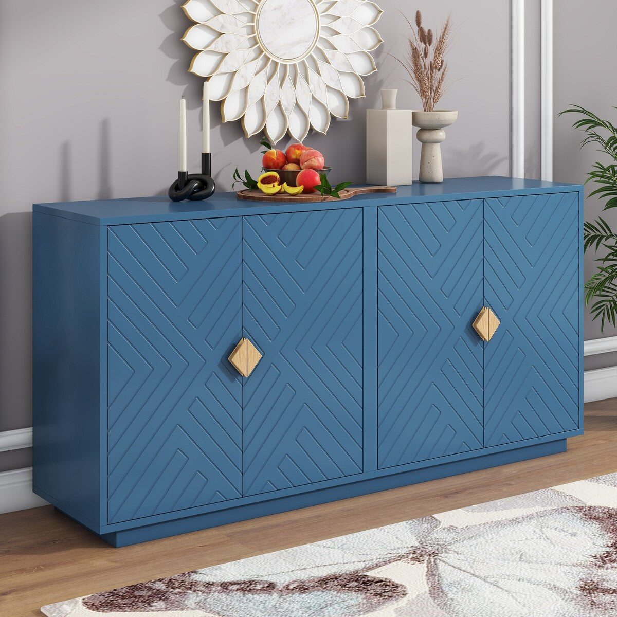 Large Storage Cabinet Sideboard Buffet Cabinet with Wooden Triangular Handles and Adjustable Shelves for Living Dining Room