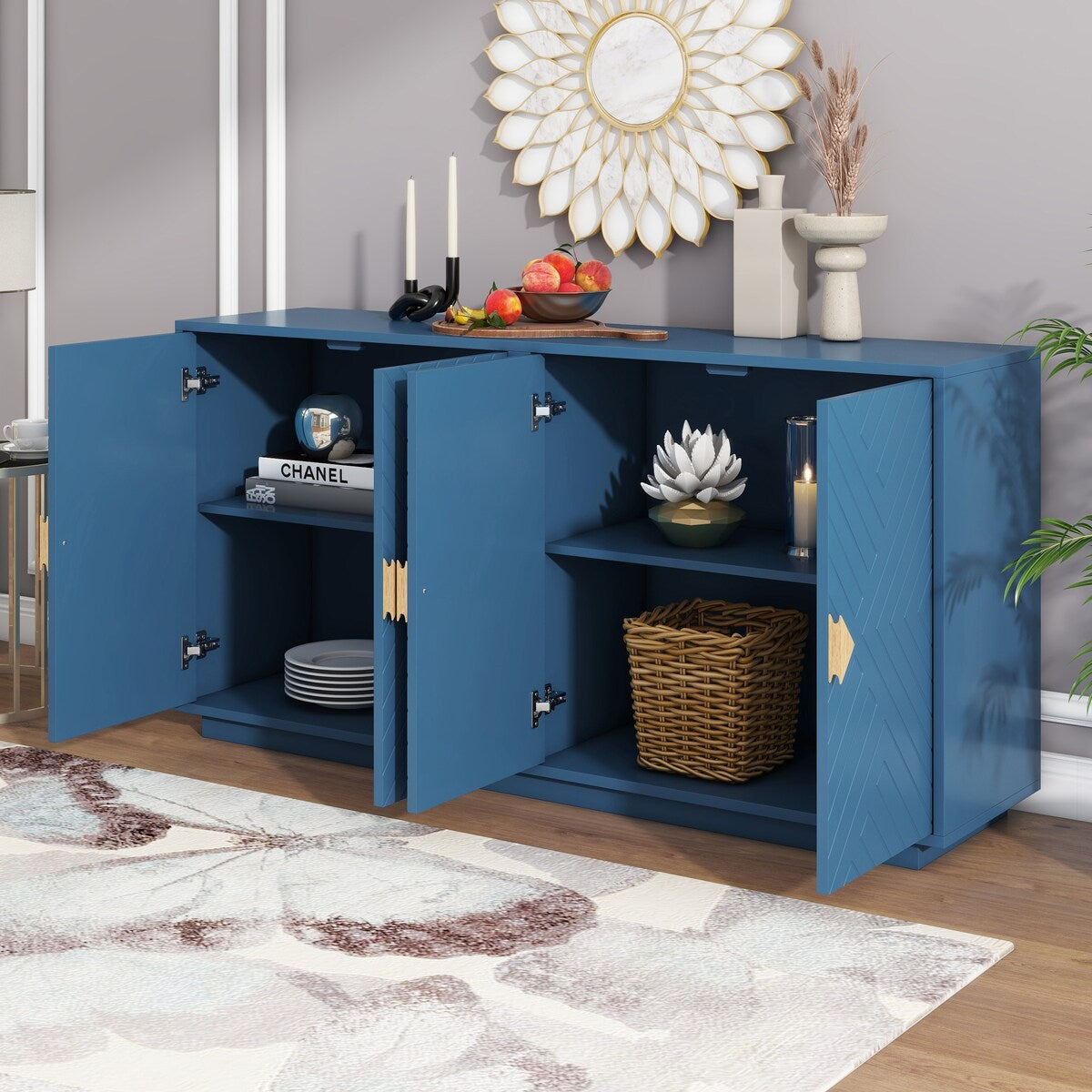 Large Storage Cabinet Sideboard Buffet Cabinet with Wooden Triangular Handles and Adjustable Shelves for Living Dining Room