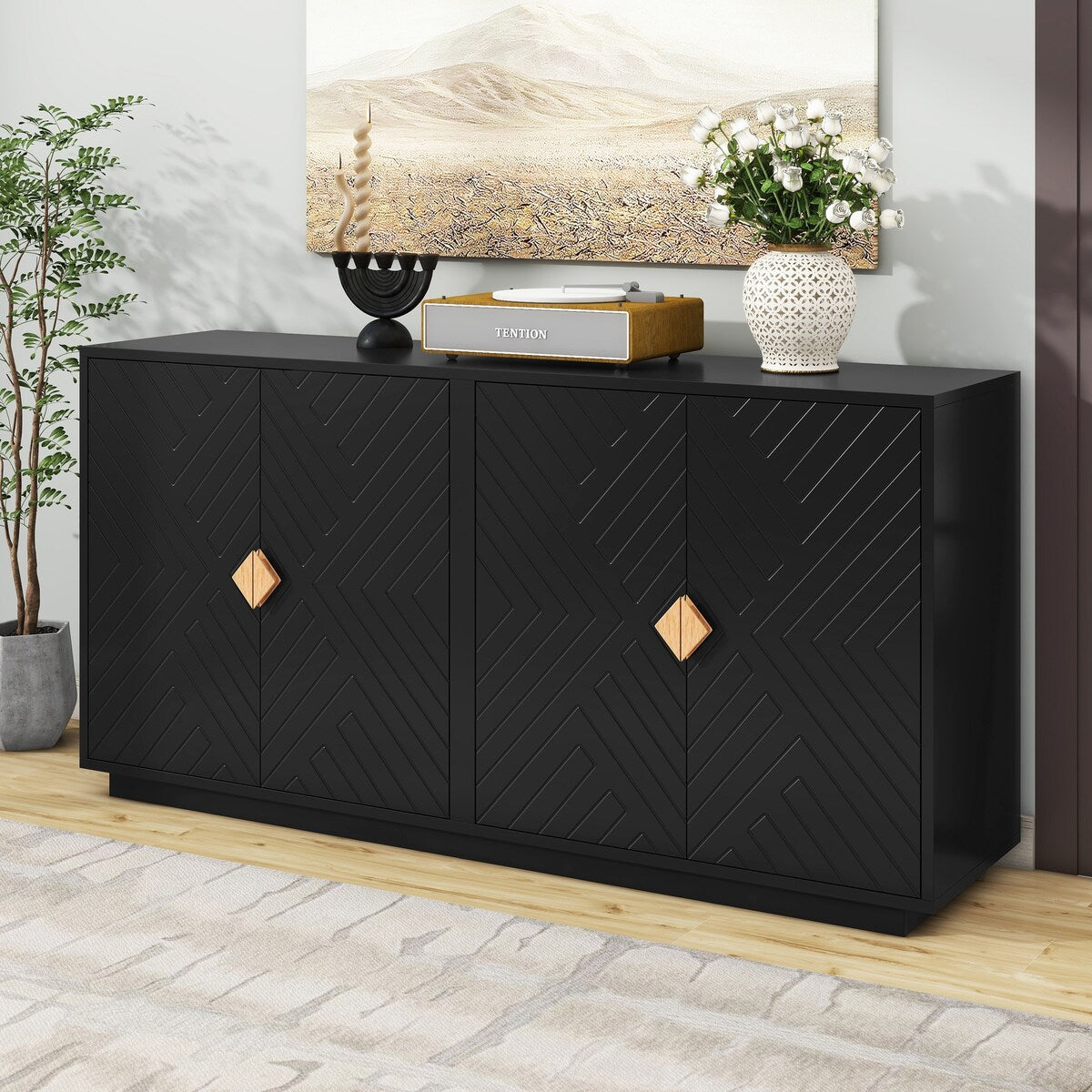 Large Storage Cabinet Sideboard Buffet Cabinet with Wooden Triangular Handles and Adjustable Shelves for Living Dining Room