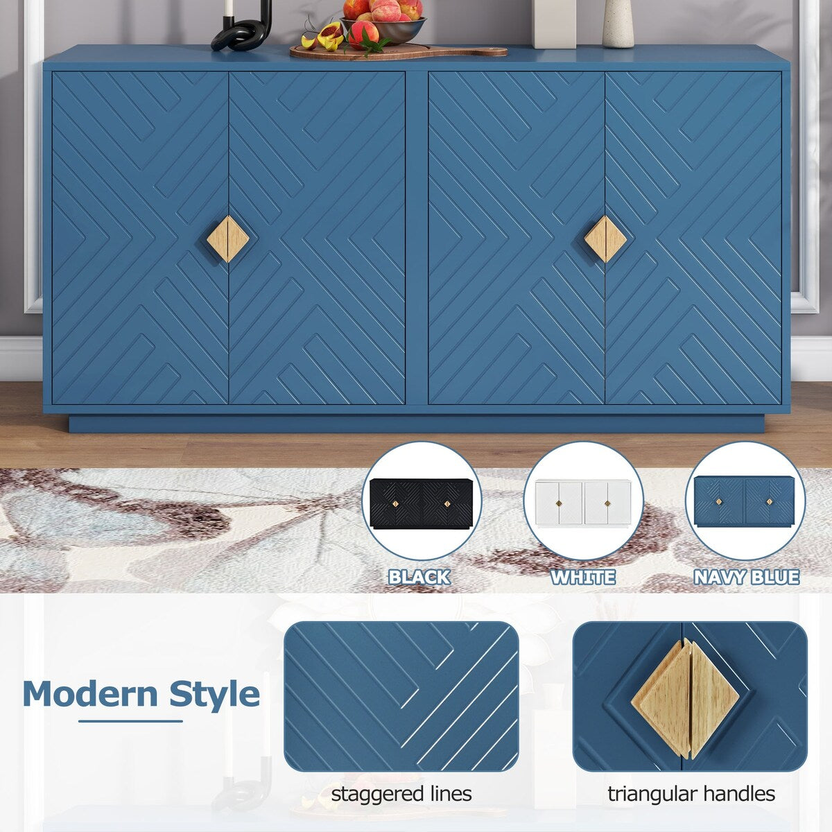 Large Storage Cabinet Sideboard Buffet Cabinet with Wooden Triangular Handles and Adjustable Shelves for Living Dining Room