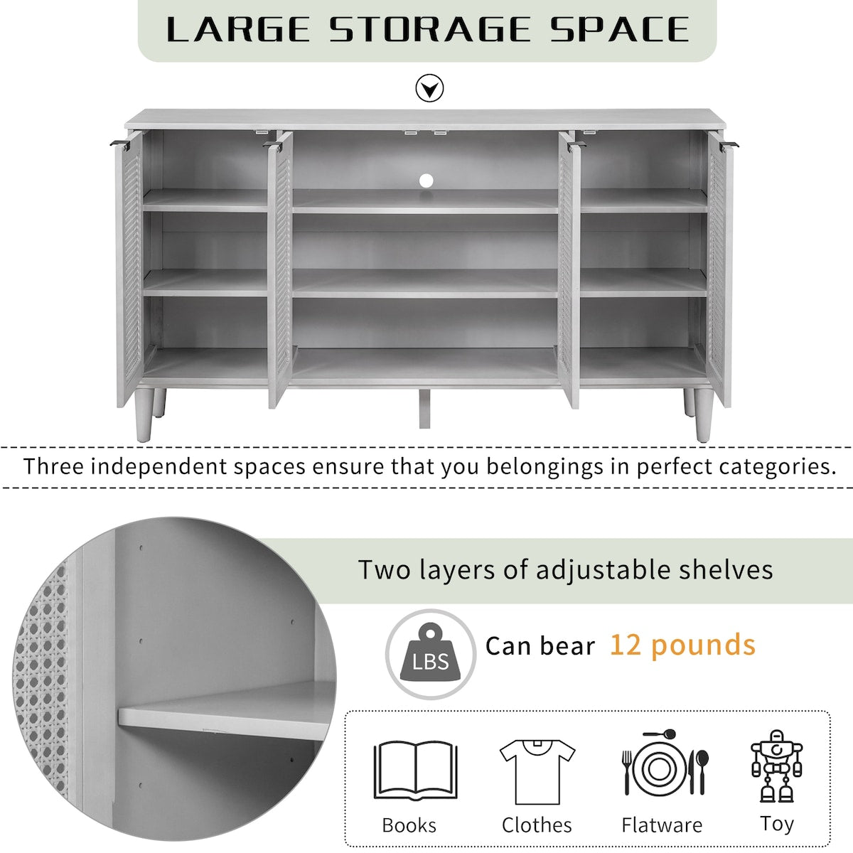 Large Storage Space Sideboard with Artificial Rattan Door and Unobtrusive Doorknob