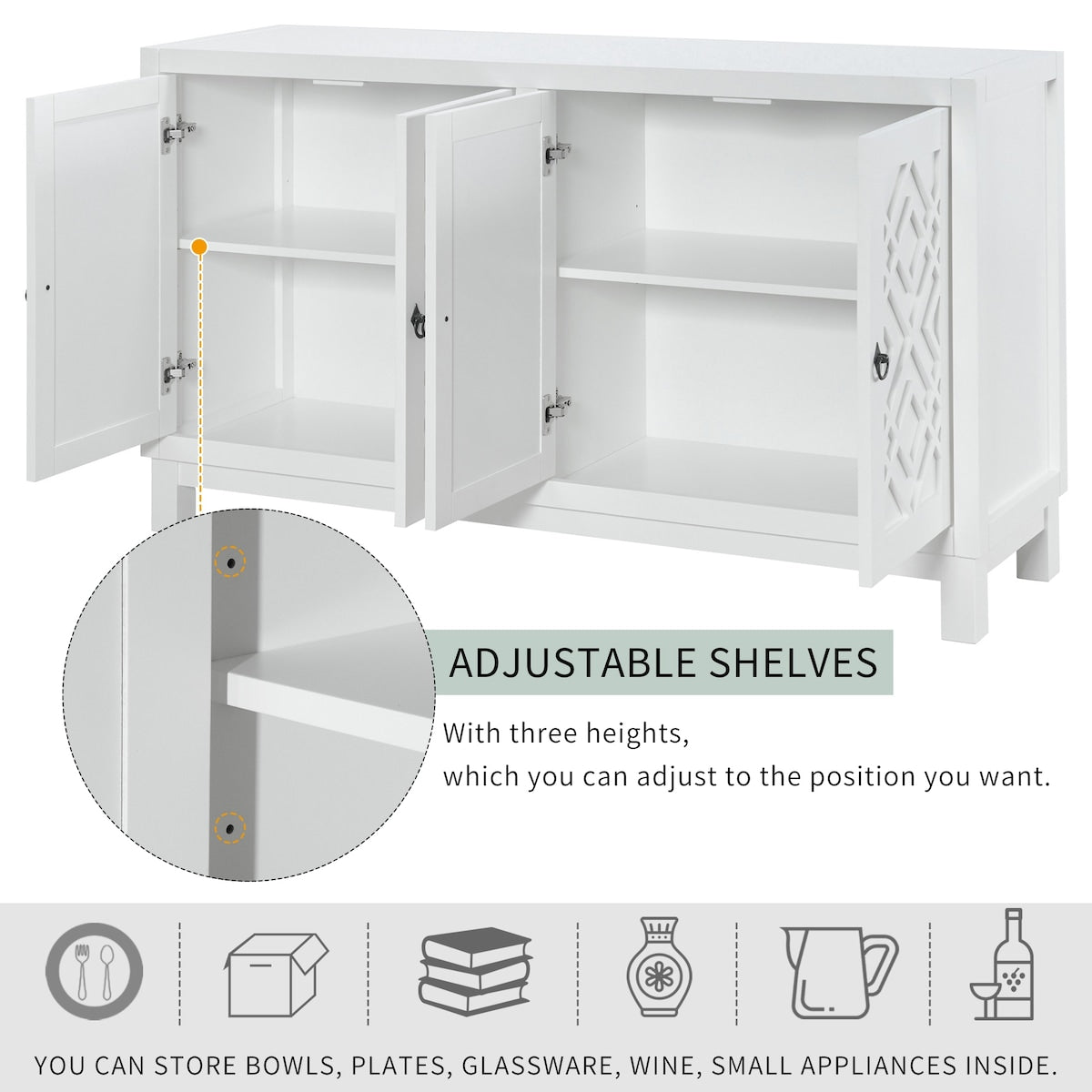 Large Storage Space Sideboard,4 Door Buffet Cabinet with Pull Ring Handles - N/A