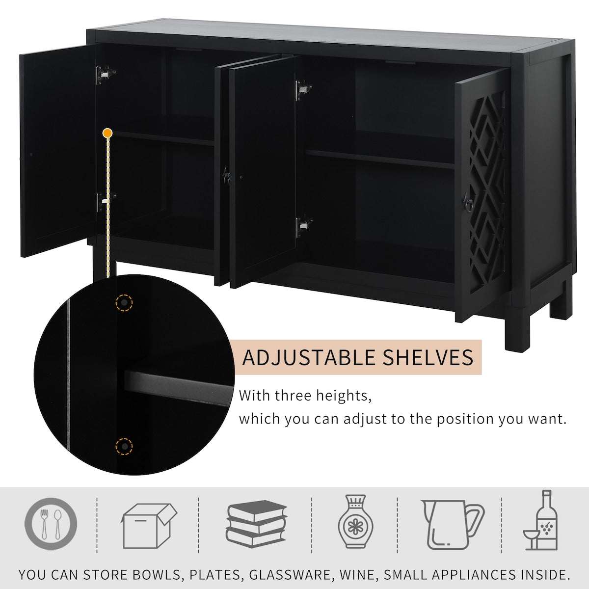 Large Storage Space Sideboard,4 Door Buffet Cabinet with Pull Ring Handles - N/A