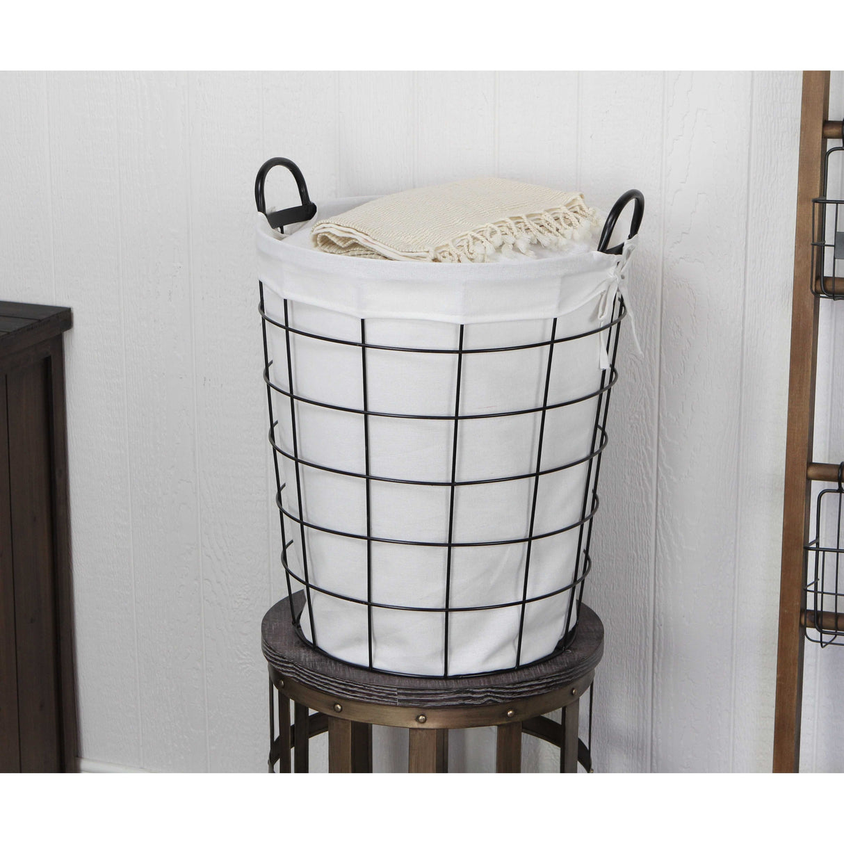 Large White Fabric Lined Metal Laundry Type Basket with Handle - 18.75" x 16.5" x 16.5"