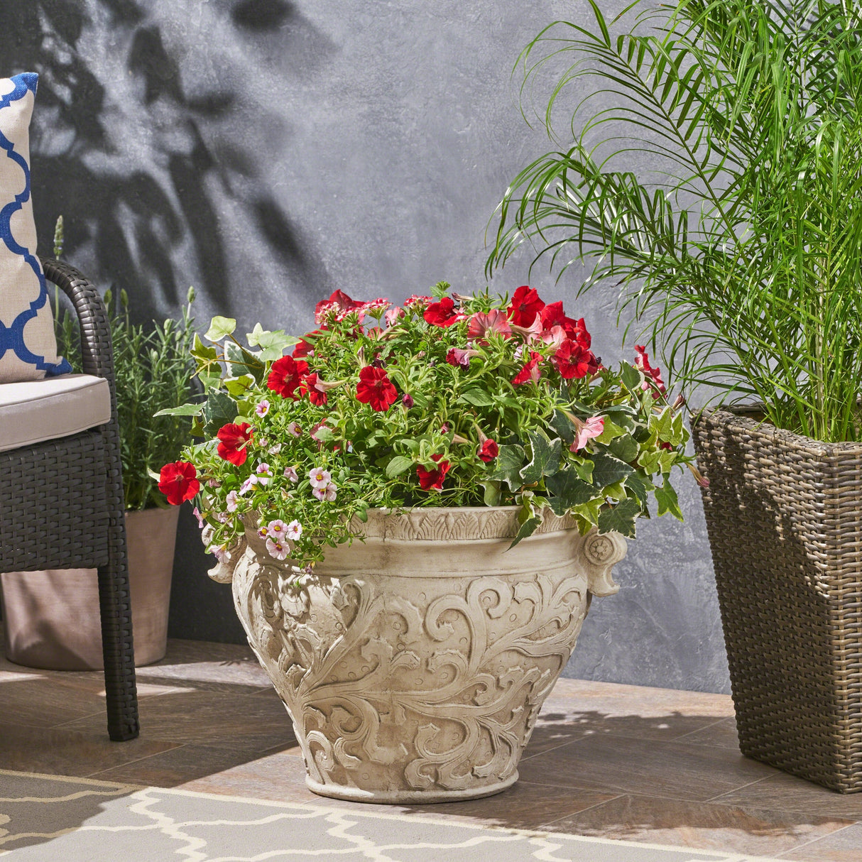 Largo Roman Botanical Round Lightweight Concrete Garden Urn Planter Pot by Christopher Knight Home