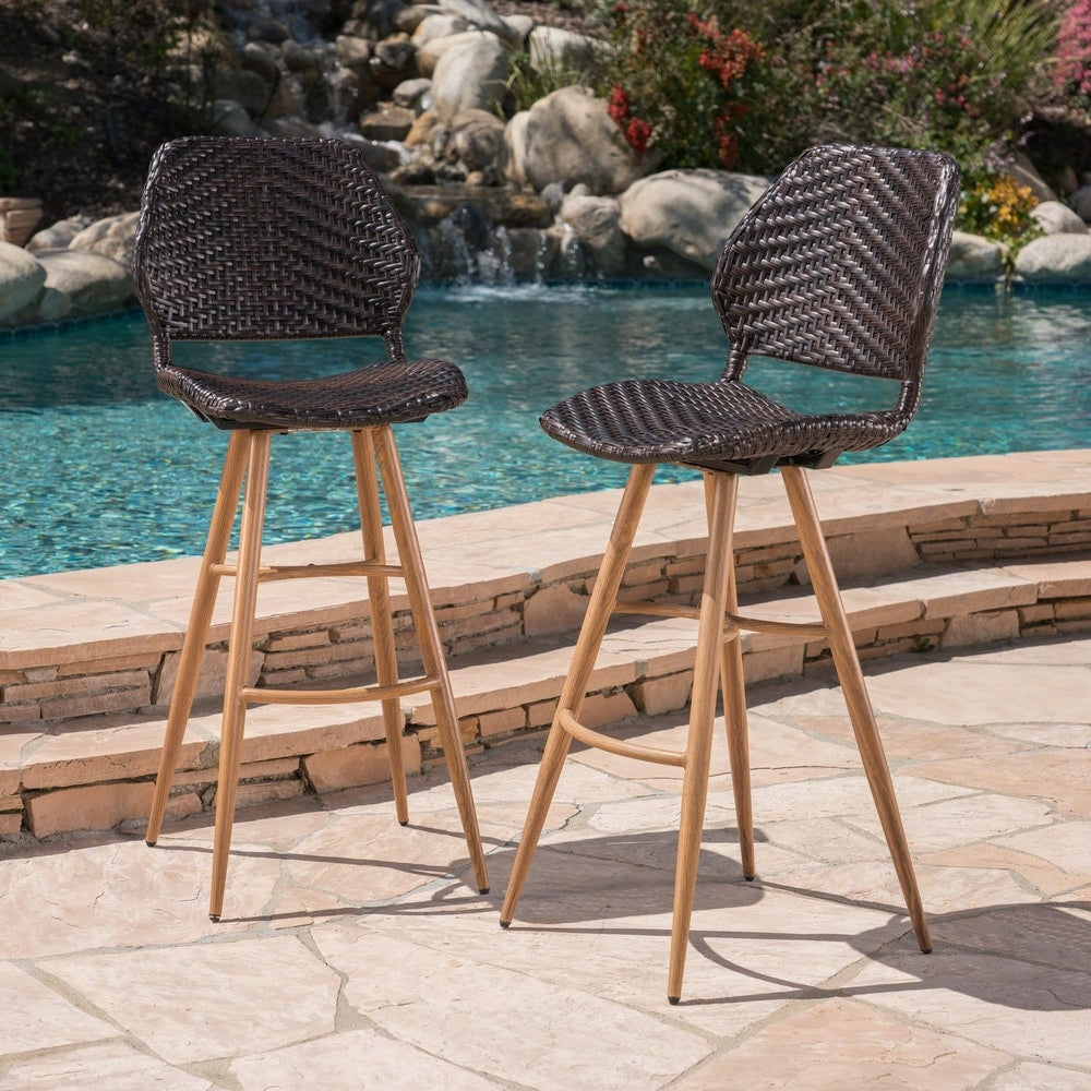 Laryn Outdoor Wicker Wood Barstool (Set of 2) by Christopher Knight Home