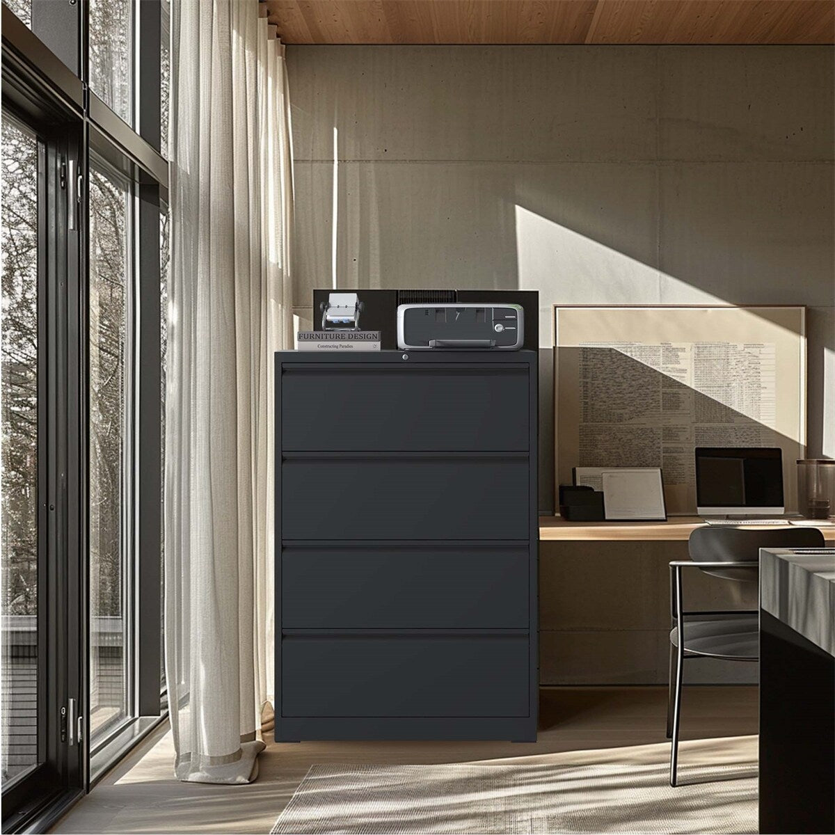 Lateral Black File Cabinet 4 Drawer,with Lock,Lockable File Cabinet