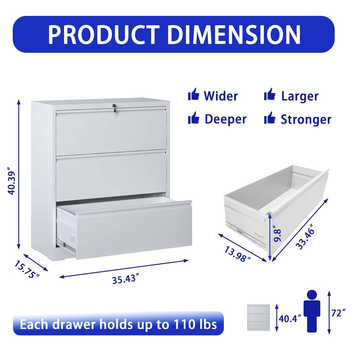 Lateral File Cabinet 3 Drawer,Filing Cabinet with Lock, Lockable File Cabinet for Home Office, Locking Metal File Cabinet