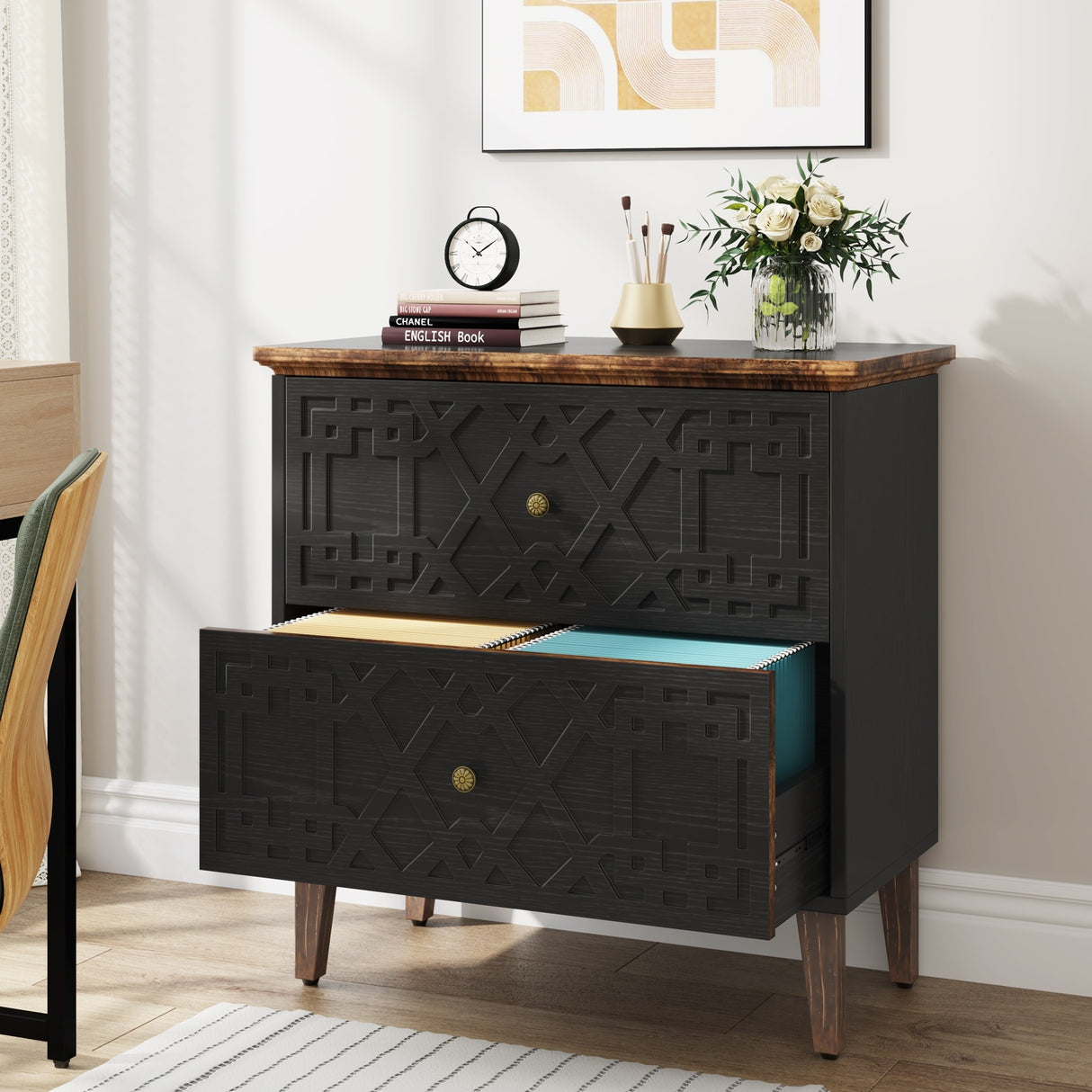 Lateral File Cabinet, 2 Drawer Filing Cabinet, Black Wood Storage Cabinet