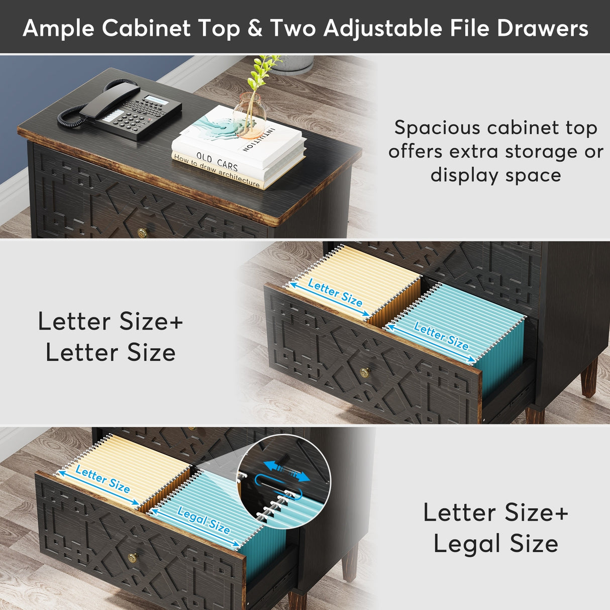 Lateral File Cabinet, 2 Drawer Filing Cabinet, Black Wood Storage Cabinet