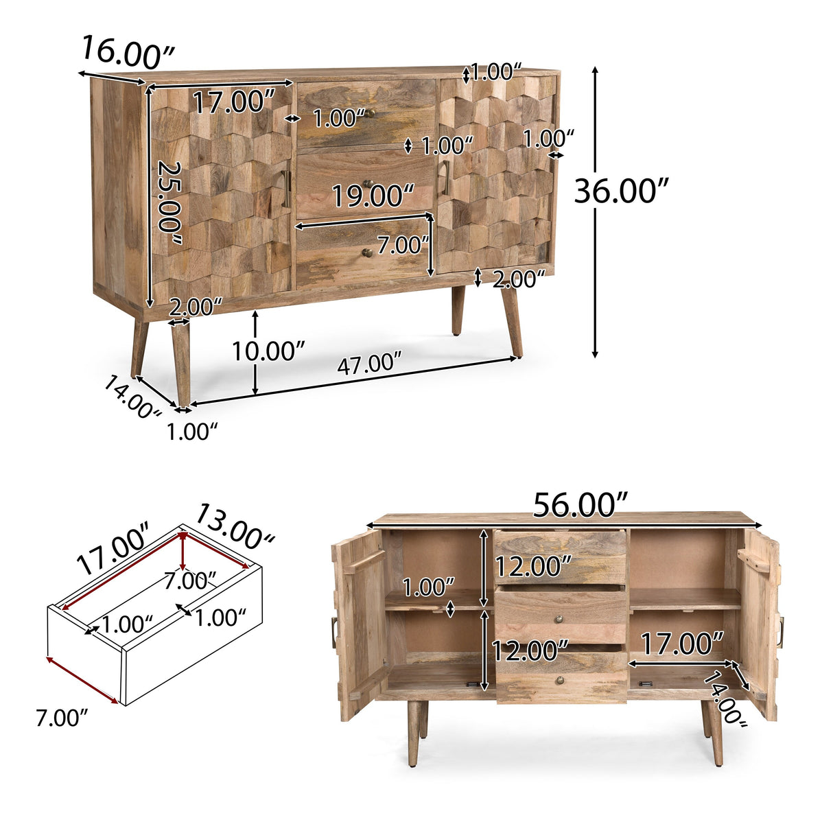 Latimer Mid-Century Modern Handcrafted Mango Wood 3 Drawer Sideboard with 2 Doors by Christopher Knight Home