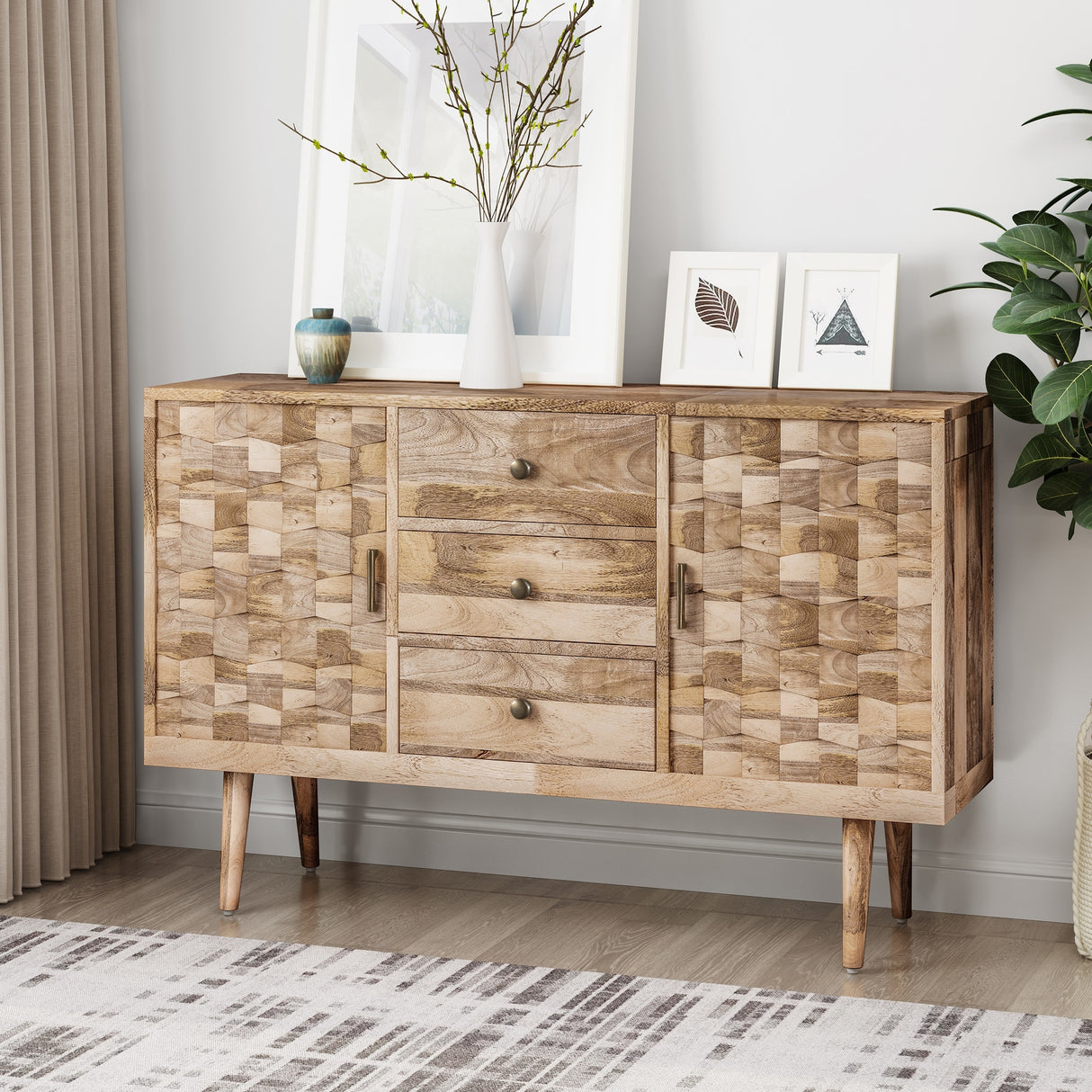 Latimer Mid-Century Modern Handcrafted Mango Wood 3 Drawer Sideboard with 2 Doors by Christopher Knight Home