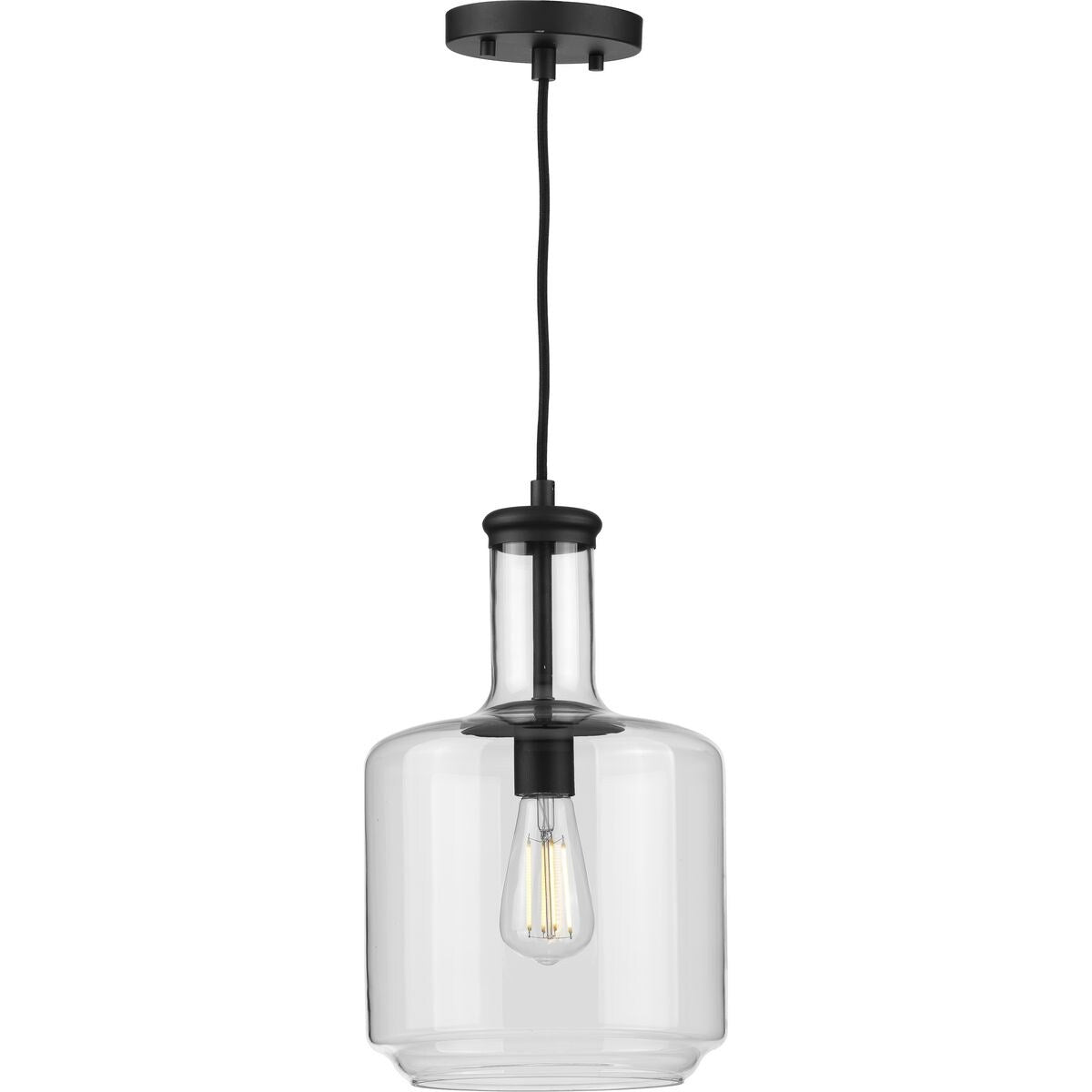 Latrobe Collection One-Light Matte Black Clear Glass Coastal Pendant Light - 9.4375 in x 9.4375 in x 15.5 in