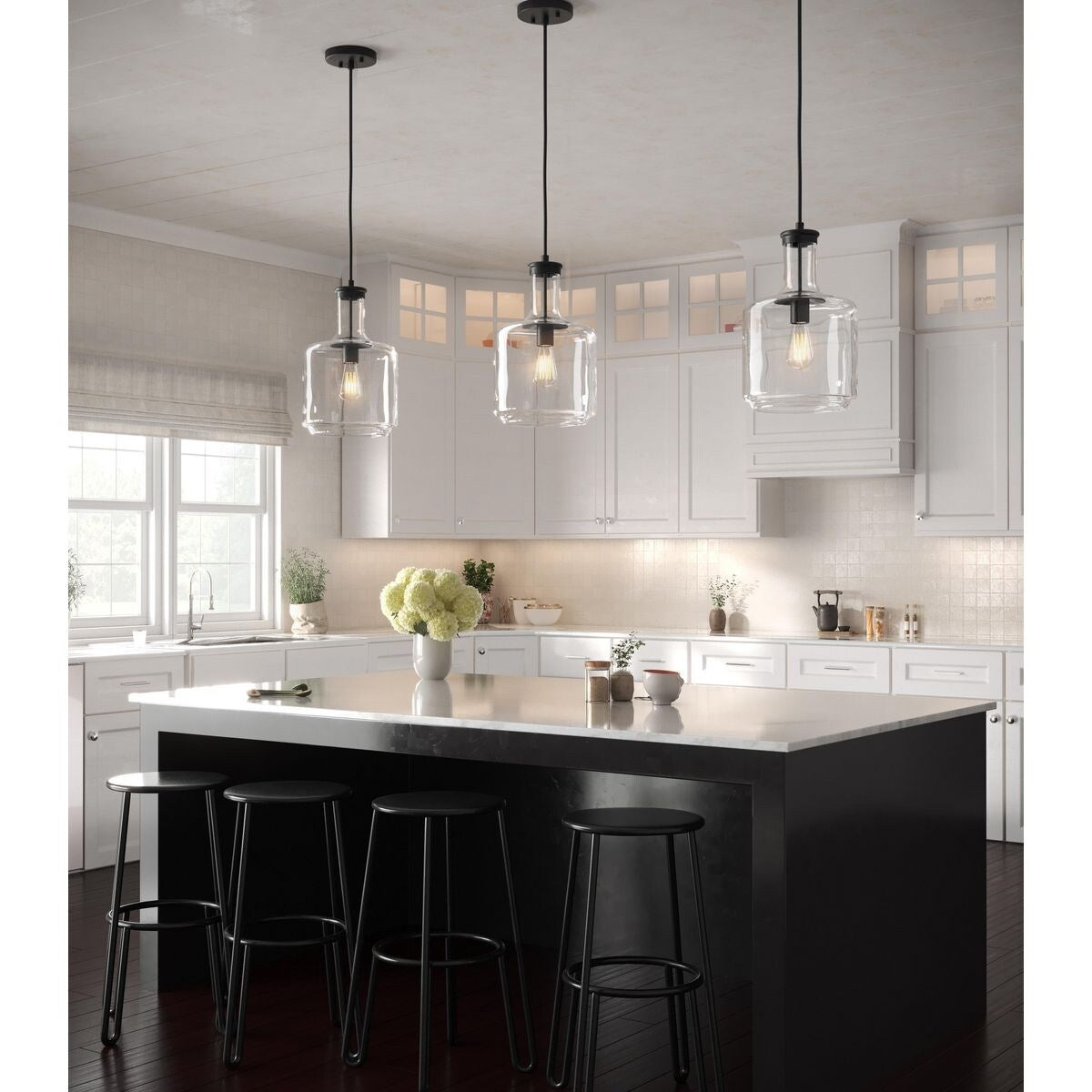 Latrobe Collection One-Light Matte Black Clear Glass Coastal Pendant Light - 9.4375 in x 9.4375 in x 15.5 in