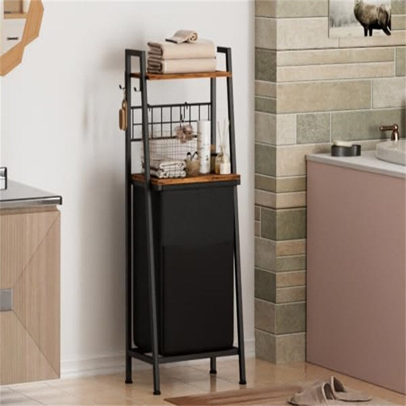 Laundry Hamper with Wooden Shelf and Hooks, - 16.5"L x 11.8"W x 44.1"H