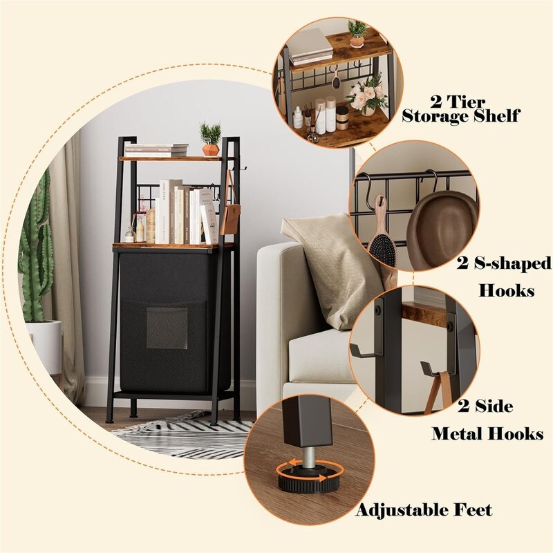 Laundry Hamper with Wooden Shelf and Hooks, - 16.5"L x 11.8"W x 44.1"H