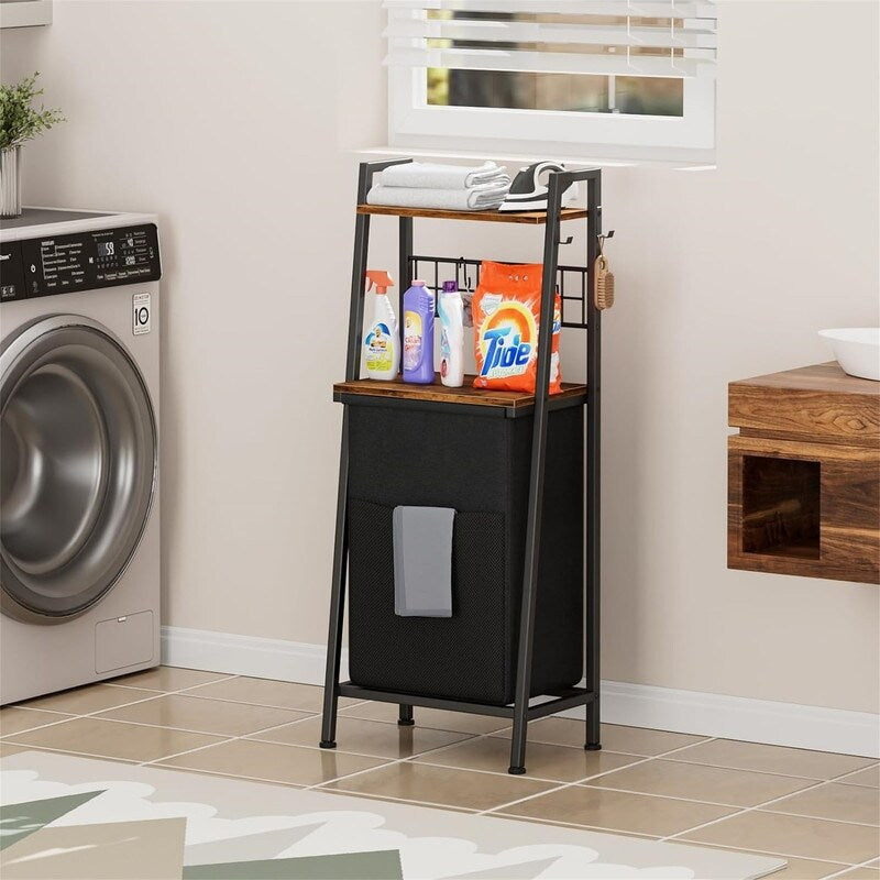 Laundry Hamper with Wooden Shelf and Hooks, - 16.5"L x 11.8"W x 44.1"H