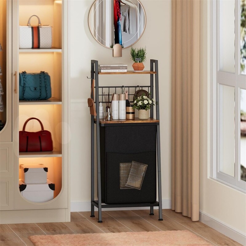 Laundry Hamper with Wooden Shelf and Hooks, - 16.5"L x 11.8"W x 44.1"H