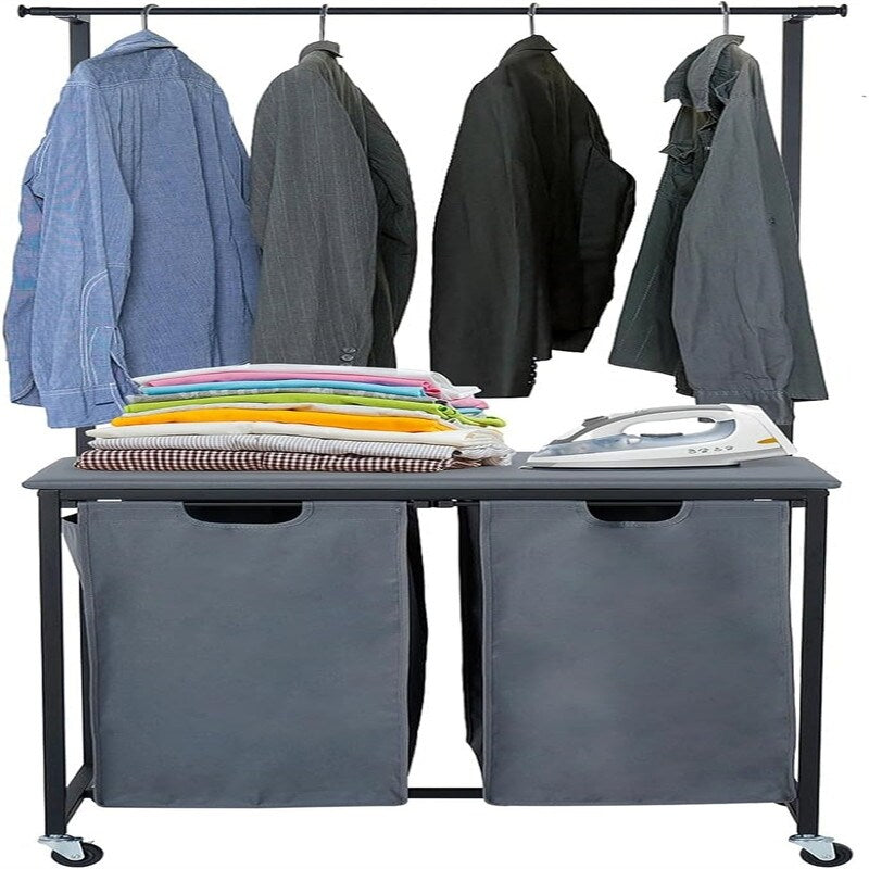 Laundry Sorter with Ironing Board Heavy Duty 2 Section Rolling - 19.48"L x 29"W x 67"H