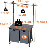Laundry Sorter with Ironing Board Heavy Duty 2 Section Rolling - 19.48"L x 29"W x 67"H