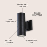 Lauren 2-Light Modern Midcentury Cylinder Outdoor Metal/Glass Integrated LED Wall Sconce with Uplight, by JONATHAN Y