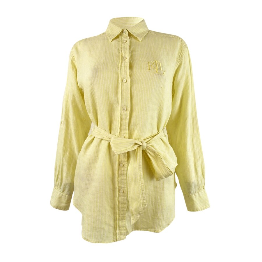 Lauren Ralph Lauren Women's Plus Striped Logo Linen Shirt (2X, Yellow)
