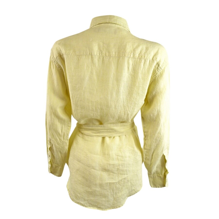 Lauren Ralph Lauren Women's Plus Striped Logo Linen Shirt (2X, Yellow)
