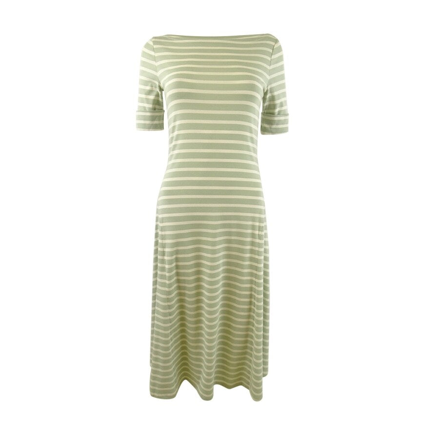 Lauren Ralph Lauren Women's Striped Stretch Cotton Midi Dress (XL, Sage/Cream)