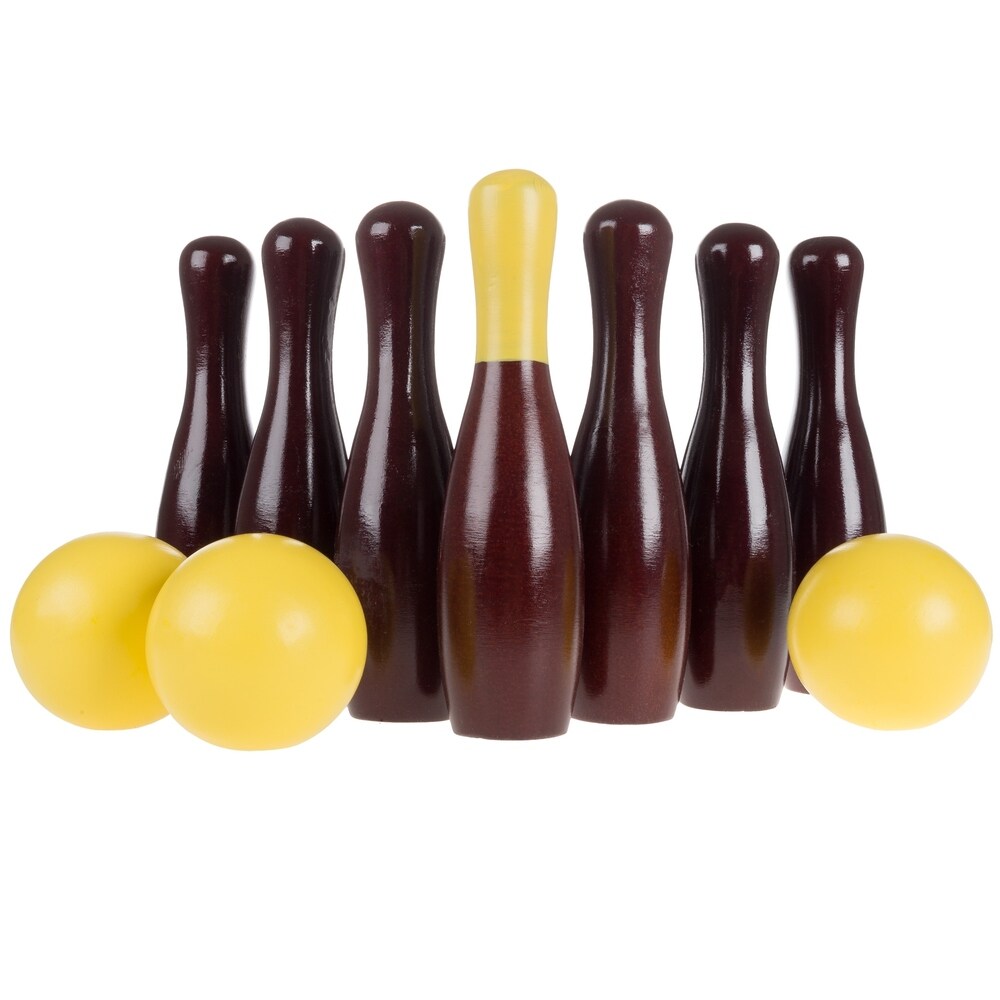 Lawn Bowling Game-English Skittles Set–10 Wooden Pins, 3 Balls, and Mesh Bag by Hey! Play! (9 Inch) - Brown - 9 Inches