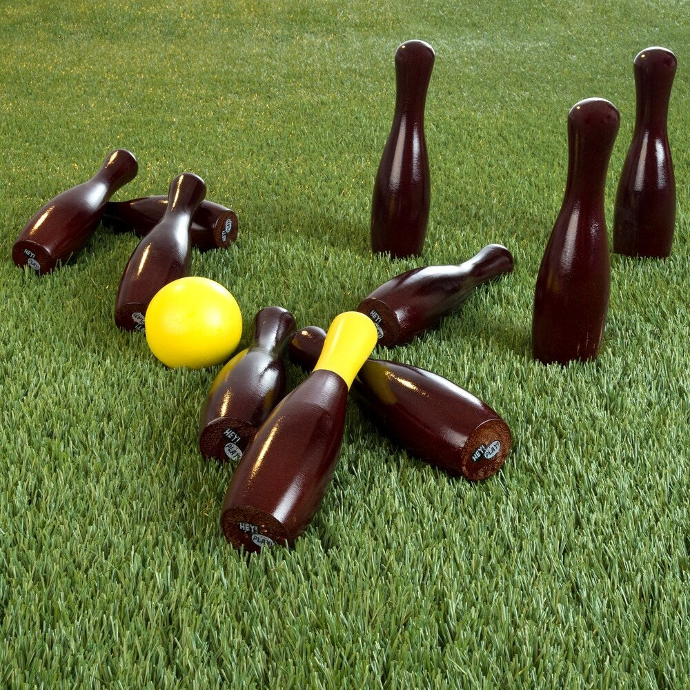 Lawn Bowling Game-English Skittles Set–10 Wooden Pins, 3 Balls, and Mesh Bag by Hey! Play! (9 Inch) - Brown - 9 Inches