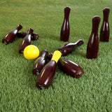 Lawn Bowling Game-English Skittles Set–10 Wooden Pins, 3 Balls, and Mesh Bag by Hey! Play! (9 Inch) - Brown - 9 Inches