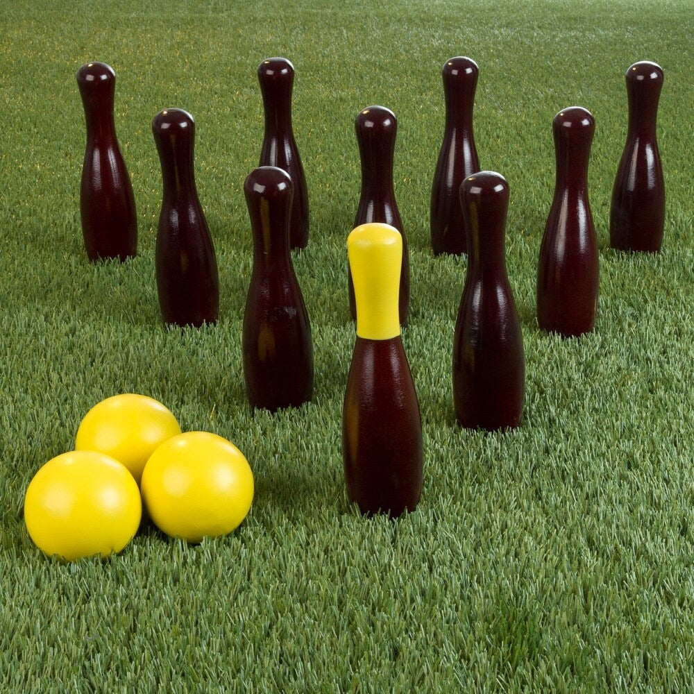 Lawn Bowling Game-English Skittles Set–10 Wooden Pins, 3 Balls, and Mesh Bag by Hey! Play! (9 Inch) - Brown - 9 Inches