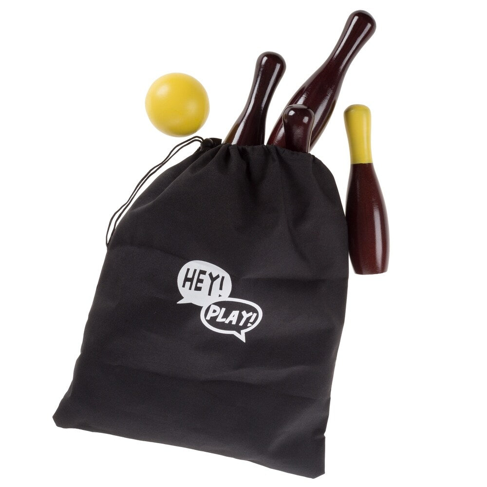 Lawn Bowling Game-English Skittles Set–10 Wooden Pins, 3 Balls, and Mesh Bag by Hey! Play! (9 Inch) - Brown - 9 Inches