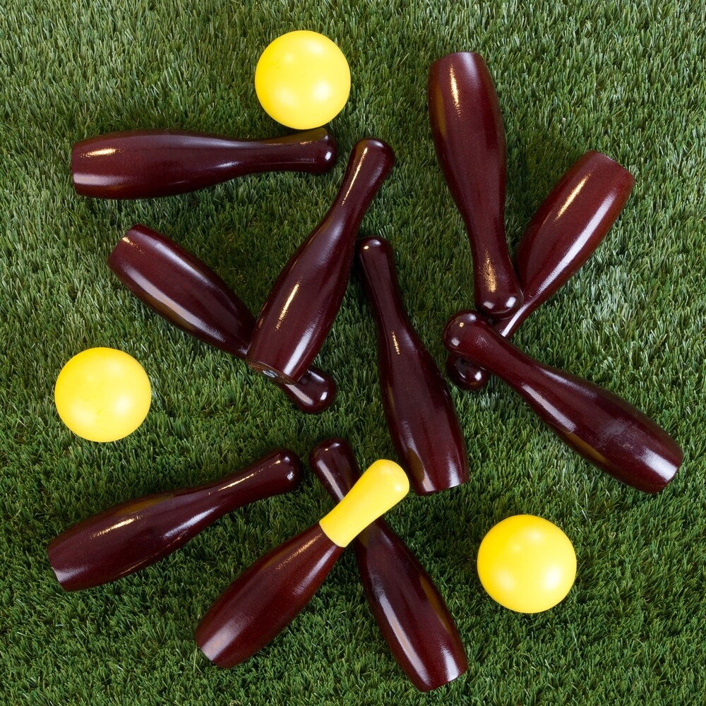 Lawn Bowling Game-English Skittles Set–10 Wooden Pins, 3 Balls, and Mesh Bag by Hey! Play! (9 Inch) - Brown - 9 Inches