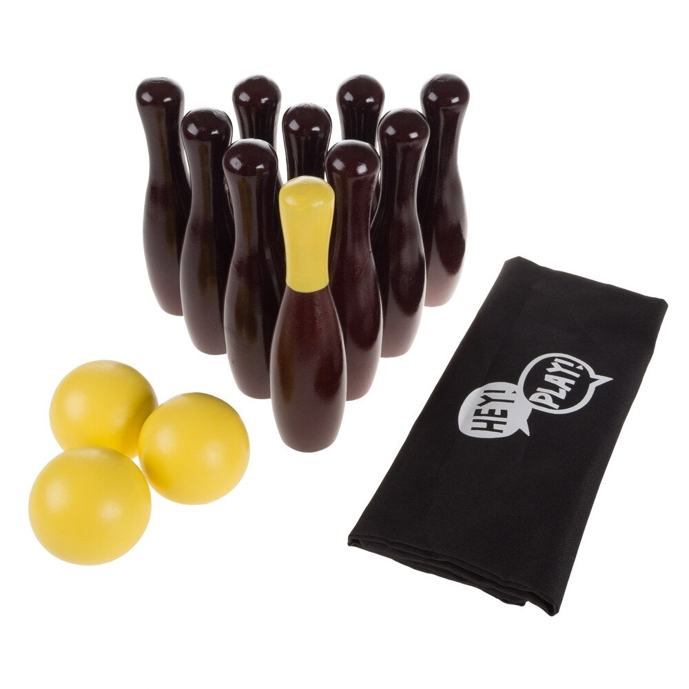 Lawn Bowling Game-English Skittles Set–10 Wooden Pins, 3 Balls, and Mesh Bag by Hey! Play! (9 Inch) - Brown - 9 Inches