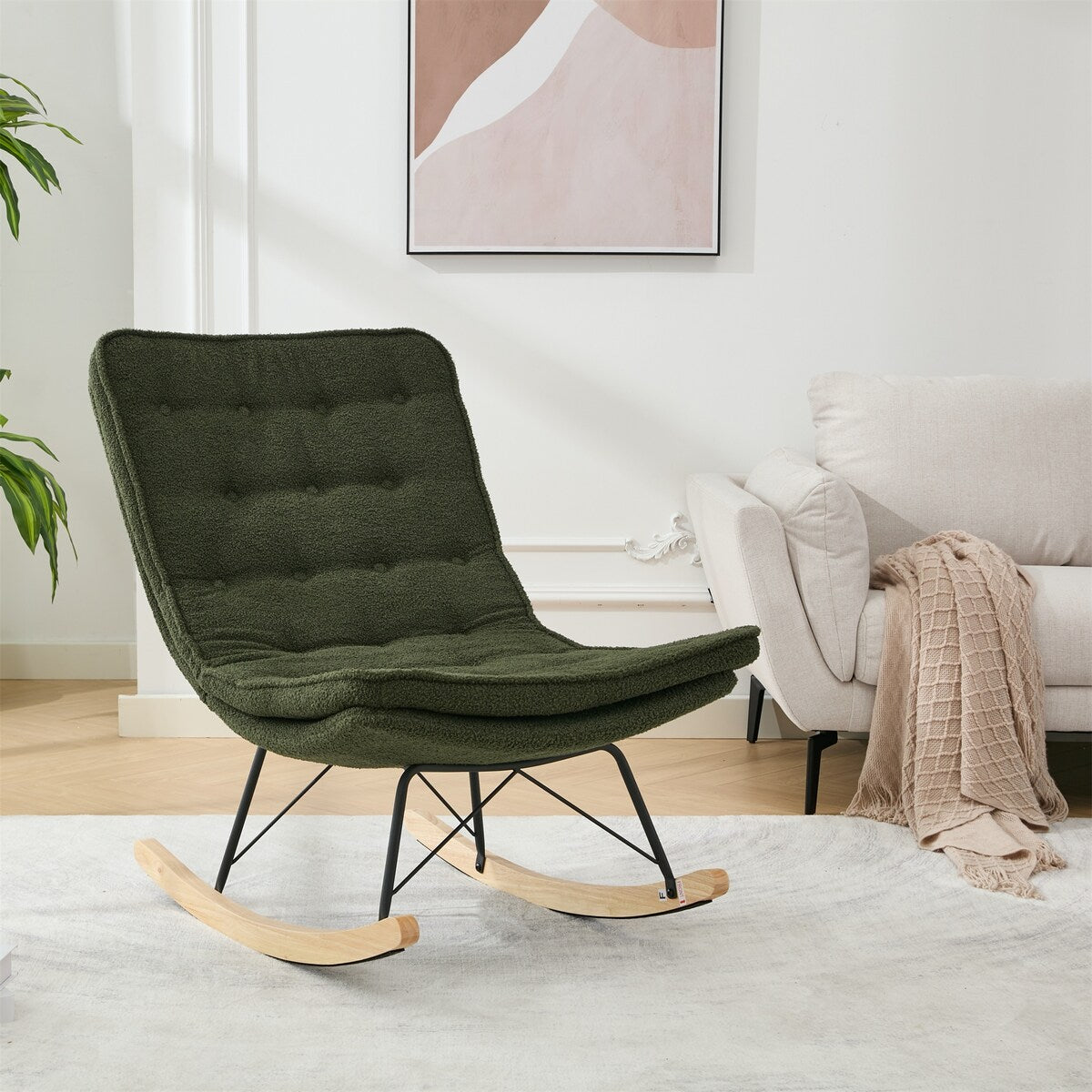 Lazy Rocking Chair,Comfortable Lounge Chair with Wide Backrest and Seat Wood Base