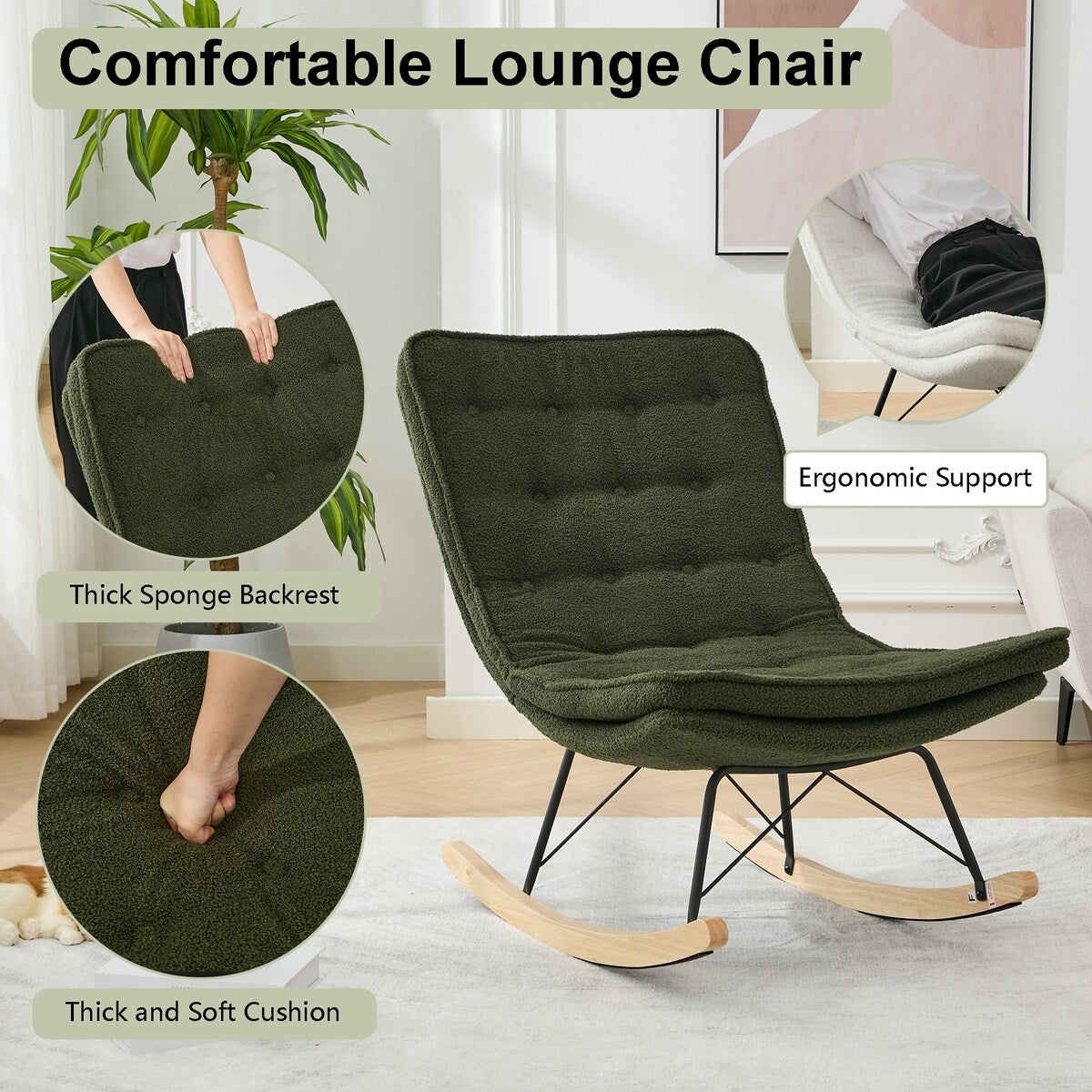 Lazy Rocking Chair,Comfortable Lounge Chair with Wide Backrest and Seat Wood Base