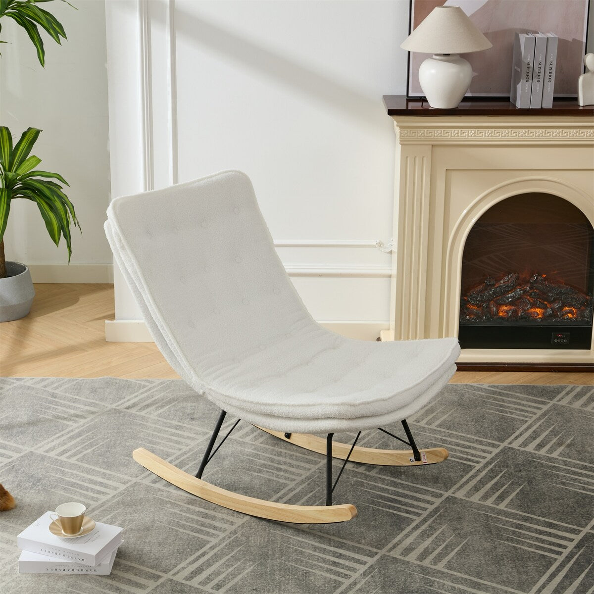 Lazy Rocking Chair,Comfortable Lounge Chair with Wide Backrest and Seat Wood Base