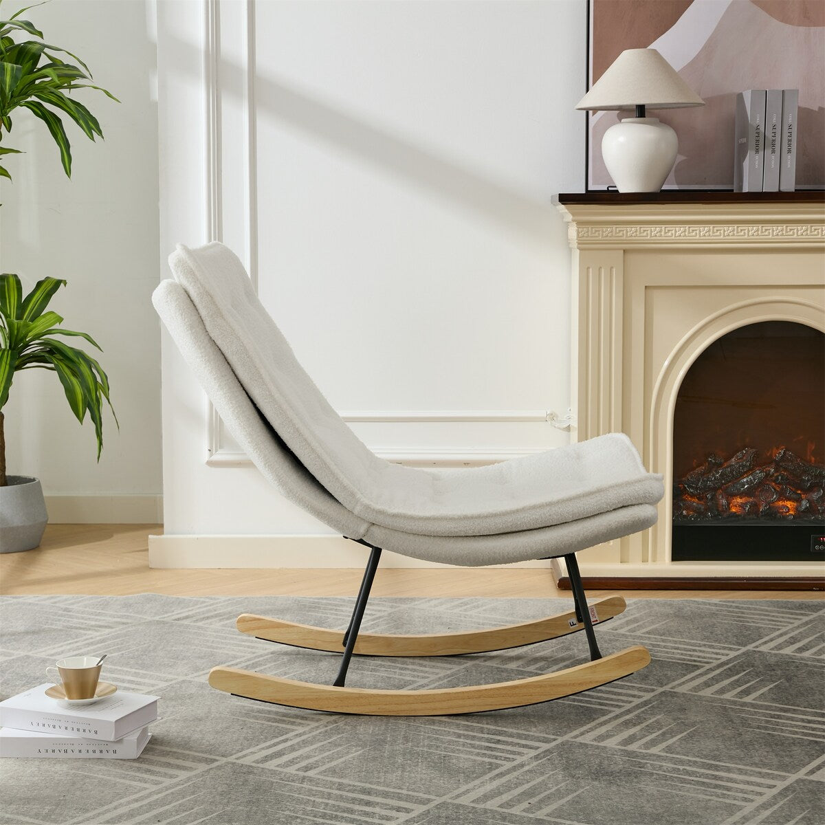 Lazy Rocking Chair,Comfortable Lounge Chair with Wide Backrest and Seat Wood Base