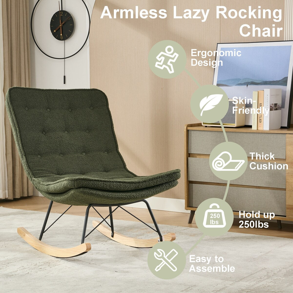 Lazy Rocking Chair,Comfortable Lounge Chair with Wide Backrest and Seat Wood Base
