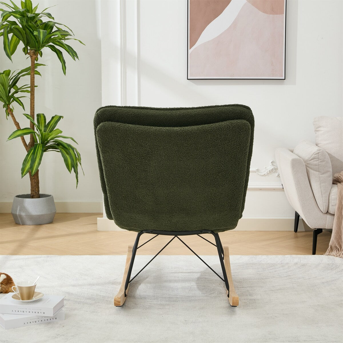 Lazy Rocking Chair,Comfortable Lounge Chair with Wide Backrest and Seat Wood Base