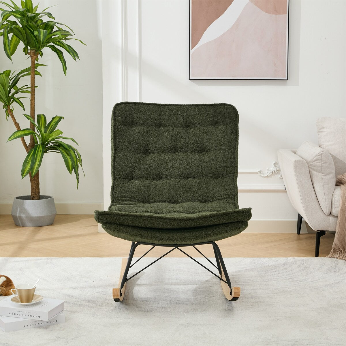 Lazy Rocking Chair,Comfortable Lounge Chair with Wide Backrest and Seat Wood Base