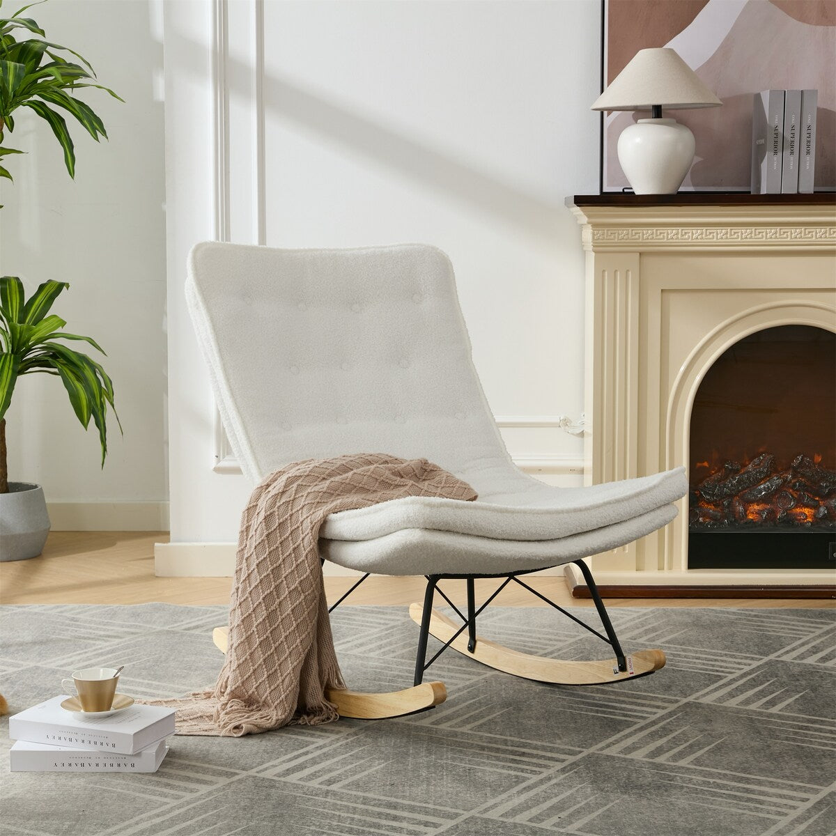Lazy Rocking Chair,Comfortable Lounge Chair with Wide Backrest and Seat Wood Base