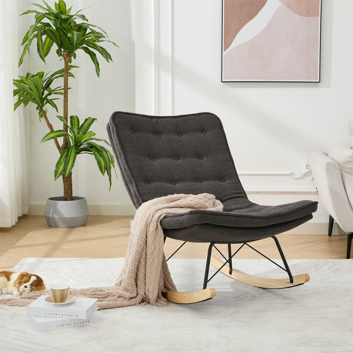 Lazy Rocking Chair,Comfortable Lounge Chair with Wide Backrest and Seat Wood Base