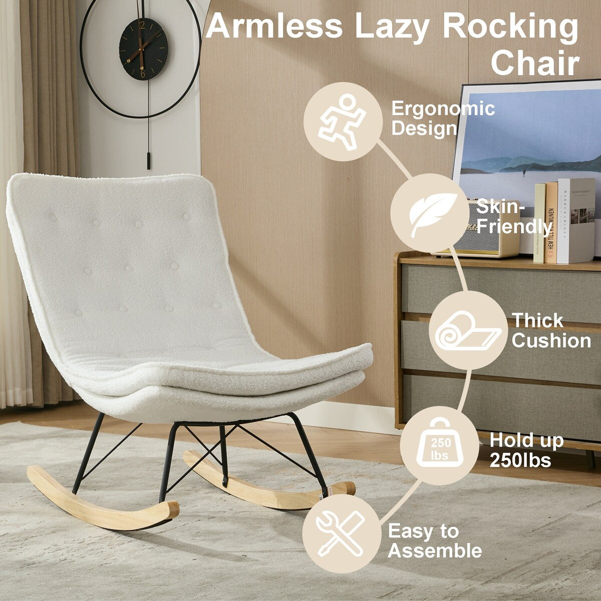Lazy Rocking Chair,Comfortable Lounge Chair with Wide Backrest and Seat Wood Base